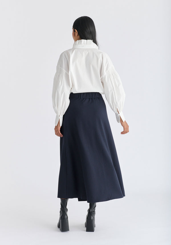 Wrap Midi Skirt with Pleated Detail in Navy Back